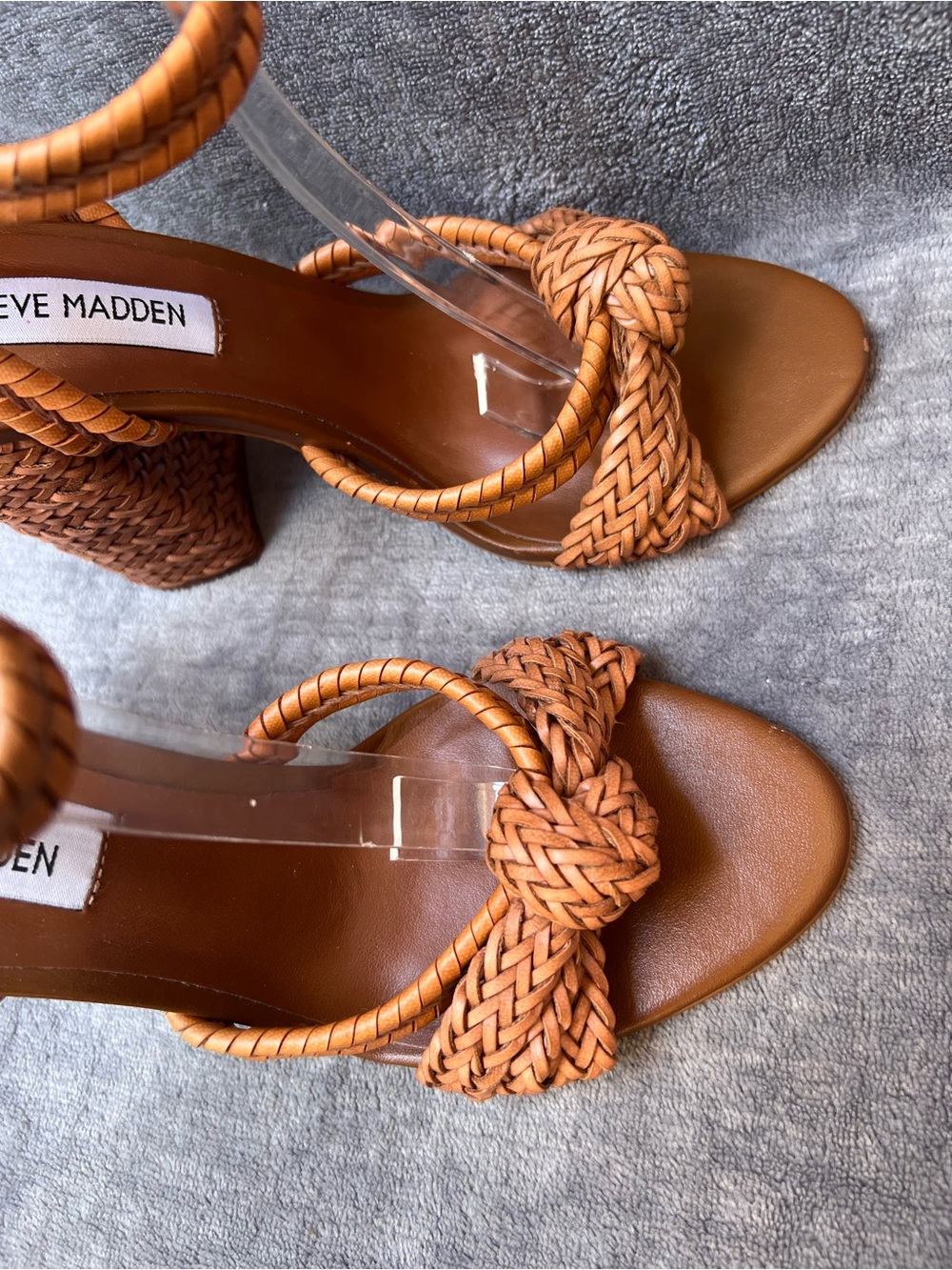 Steve Madden Malou Heels Sz 6.5 M Cognac Braided Block Heel Sandals Vegan - Picture 7 of 15